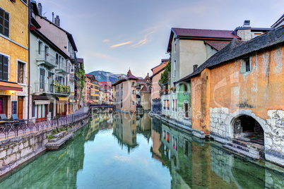 Quai de l'Ile and canal in Annecy old city, France, HDR