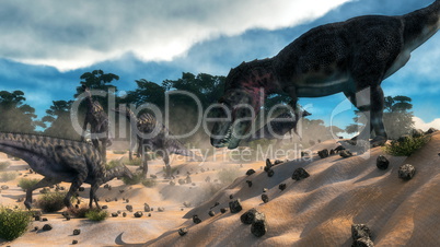 Saurolophus hunting tarbosaurus dinosaur - 3D render