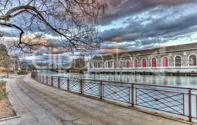 BFM, promenade and Rhone river, Geneva, Switzerland, HDR