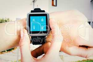 Composite image of woman using smartwatch