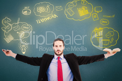 Composite image of unsmiling businessman sitting with arms outst