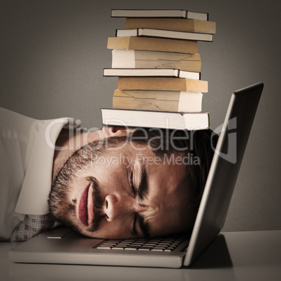 Composite image of cheerful businessman resting head on his lapt