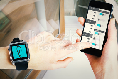 Composite image of woman using smartwatch and phone