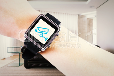 Composite image of woman using smartwatch