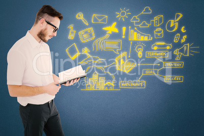 Composite image of geeky young man reading from black book