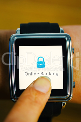 Composite image of businesswoman with smart watch on wrist