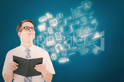 Composite image of geeky businessman reading from book