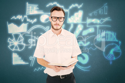 Composite image of geeky young man reading from black book