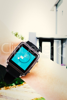 Composite image of woman using smartwatch