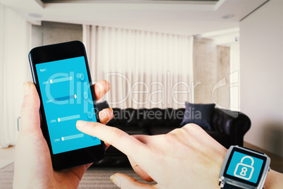 Composite image of woman using smartwatch and phone