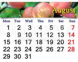 calendar for August 2016 year with apples