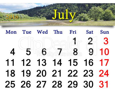 calendar for July 2016 with mountain river