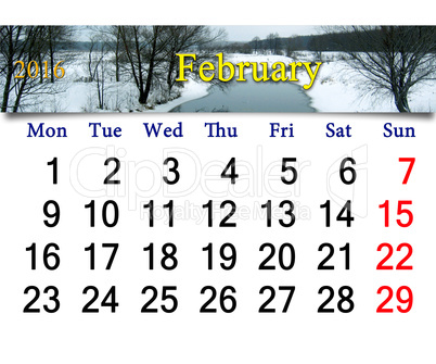calendar for February of 2016 with winter river