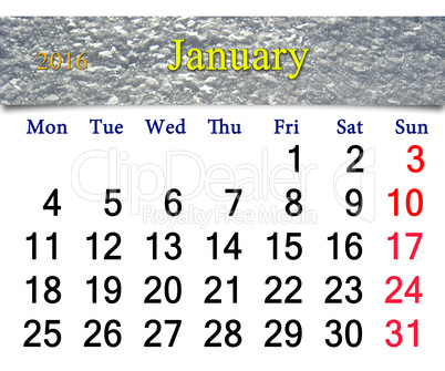calendar for January 2016