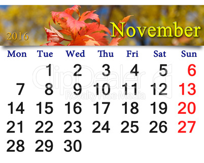 calendar for November 2016 with the red autumn leaves