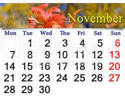 calendar for November 2016 with the red autumn leaves