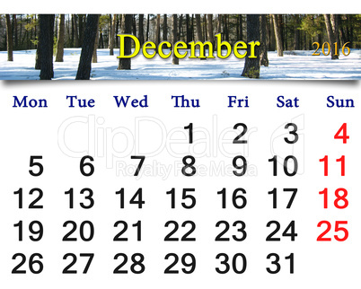 calendar for December 2016 with picture of winter forest