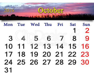 calendar for October 2016 with crimson sunset