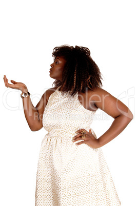 African woman showing with hand.