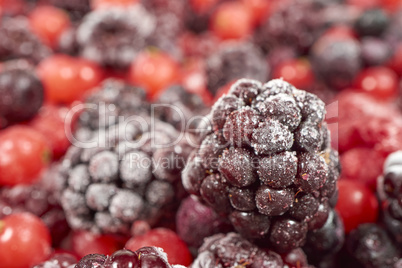 Makroaufnahme von gefrorener Brombeere auf anderen Beeren