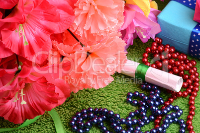 gift box set and artificial flower background