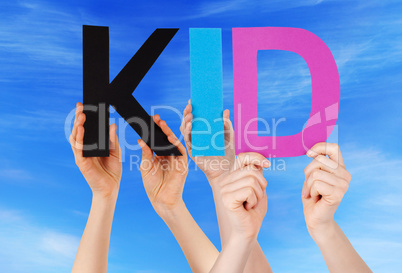 Hands Holding Colorful Straight Word Kid Blue Sky