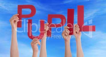 Many People Hands Holding Red Word Pupil Blue Sky