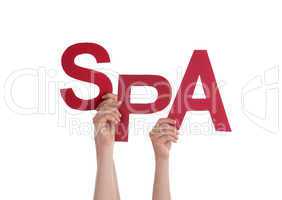 Many People Hands Holding Red Word Spa