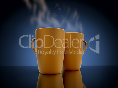 Two coffee mugs steaming