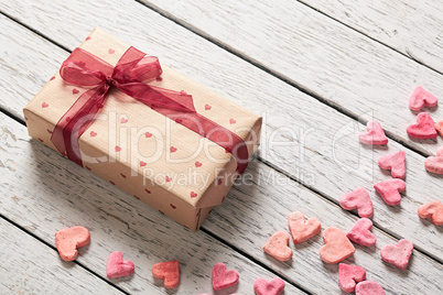 Vintage gift box with heap of small hearts