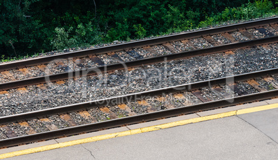 Pair of rail tracks by platform and shrubs