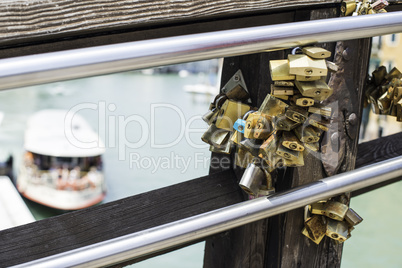 Padlocks of lovers placed on the bridge