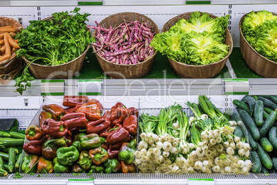 Fruits and vegetables on a supermarket shelf