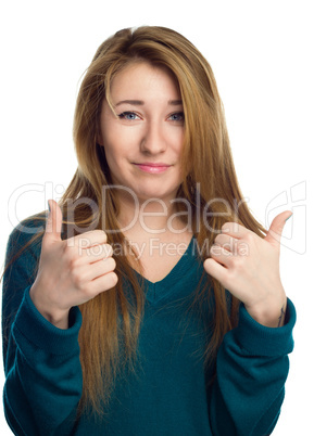 Young woman is showing thumb up gesture.