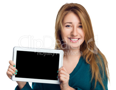 Young cheerful woman is showing blank tablet.