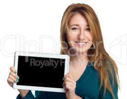 Young cheerful woman is showing blank tablet.