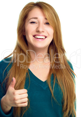 Young woman is showing thumb up gesture