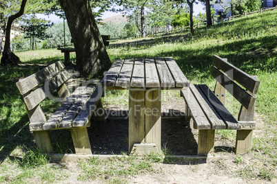 Wooden benches and a table in the woods