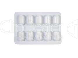 Einzelne Tabletten Blisterpackung isoliert vor weißem Hintergru