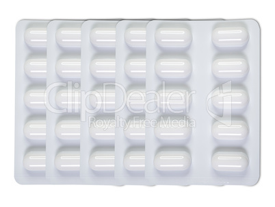 Fünf Blister mit Tabletten isoliert auf weißem Hintergrund