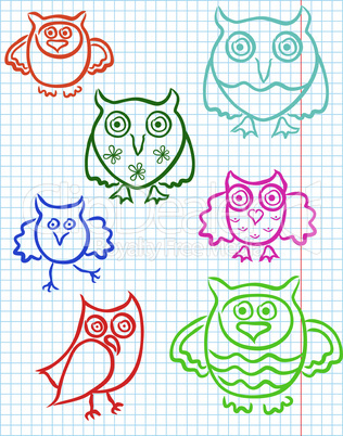 Cute seven owls on a checkered sheet