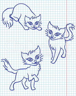 Cute three cats on a checkered sheet