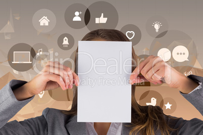 Composite image of businesswoman showing a card