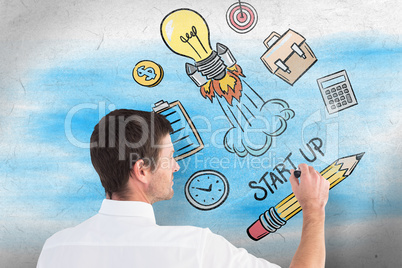 Composite image of business man writing with chalk