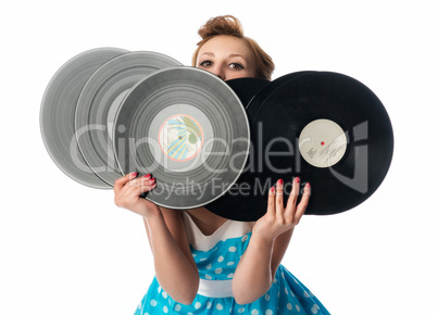 Pin up Girl hinter Schallplatten