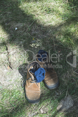 Old leather shoes and socks