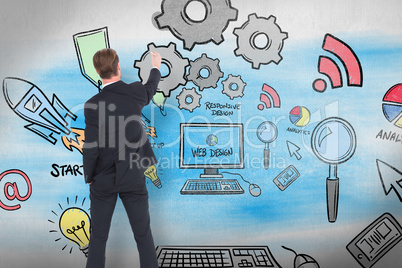 Composite image of rear view businessman writing with chalk