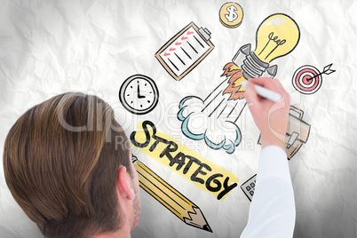 Composite image of rear view of businessman writing with marker Composite image of rear view of businessman writing with marker