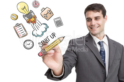 Composite image of young businessman writing something