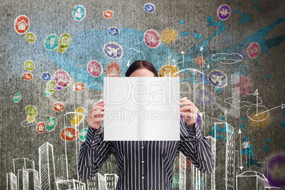 Composite image of smiling woman showing a big business card in